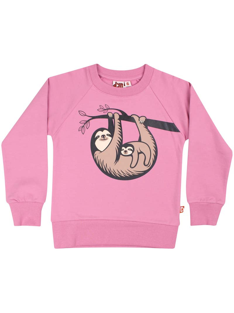 Skøn lyserød sweatshirt til børn med print af dovendyrmor og unge