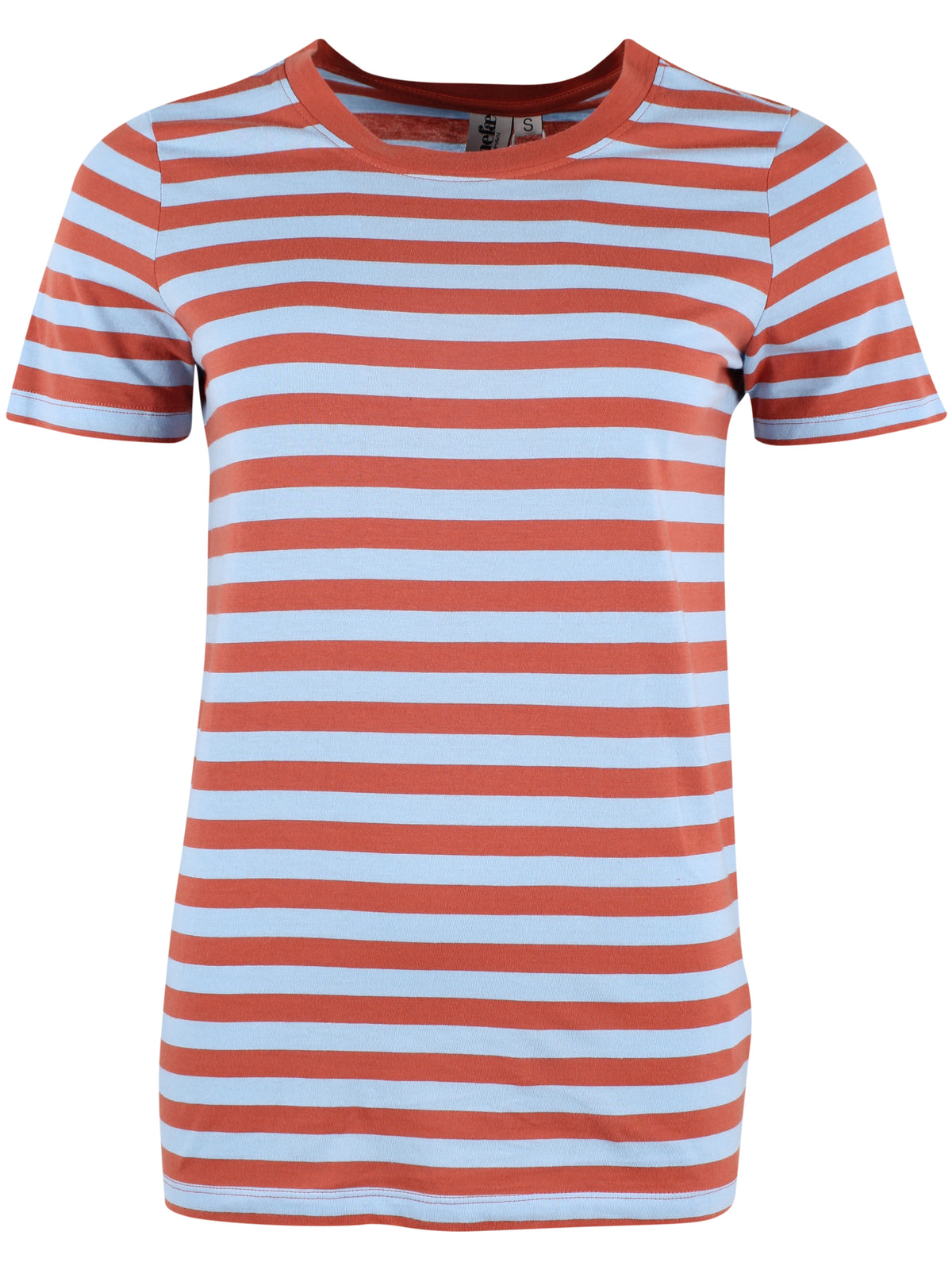 Smart t-shirt med rund hals og striber i lyseblå og orangebrun til kvinder