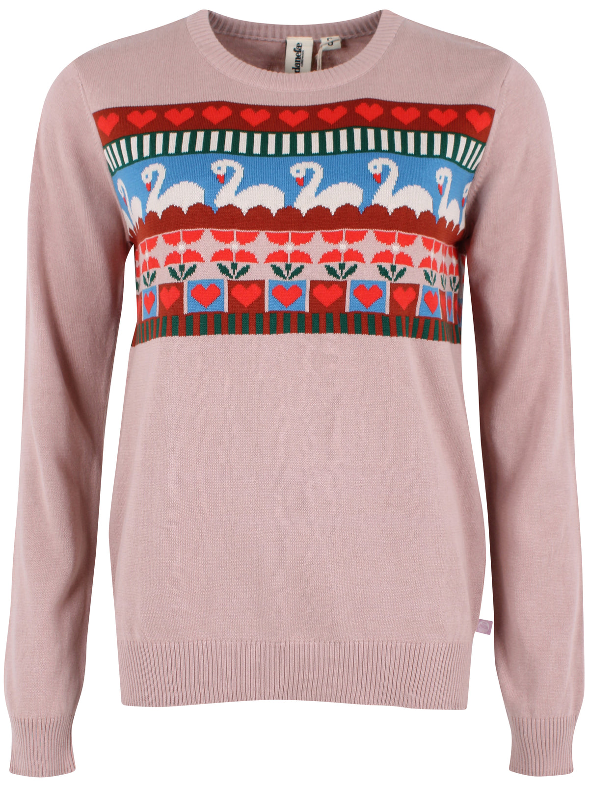 Fin sweater i støvet rosa med flot mønster af svaner og hjerter til kvinder