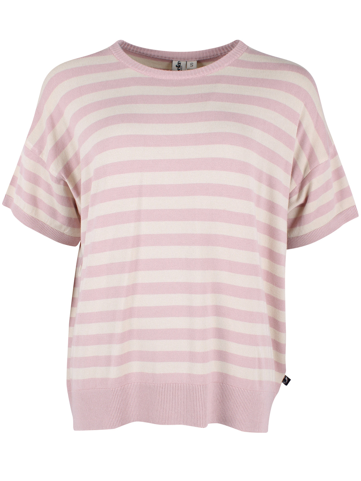 Fin kortærmet sweater med rosa og beige striber til kvinder