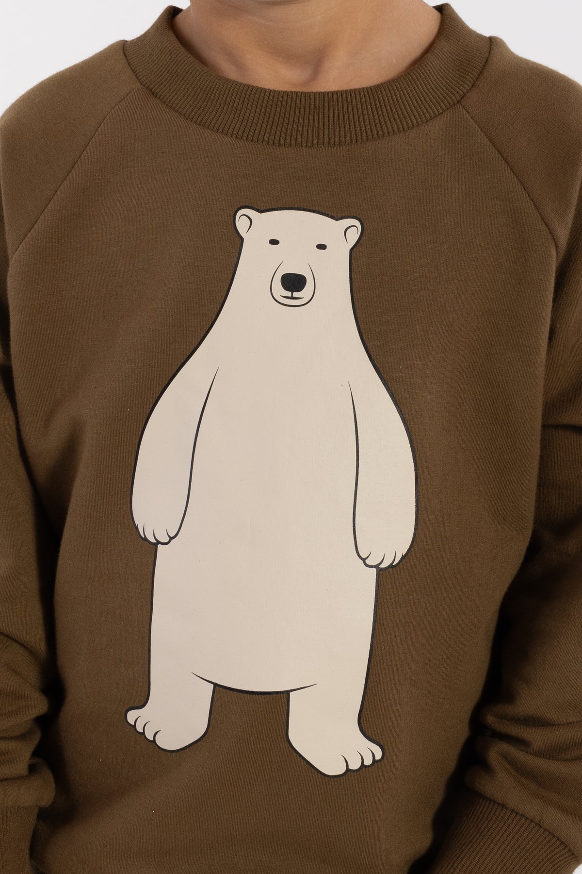 Skøn olivengrøn sweatshirt til børn med print af isbjørn