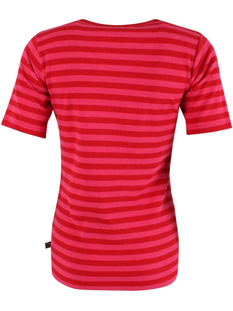 Lækker t-shirt med røde og pink striber til kvinder