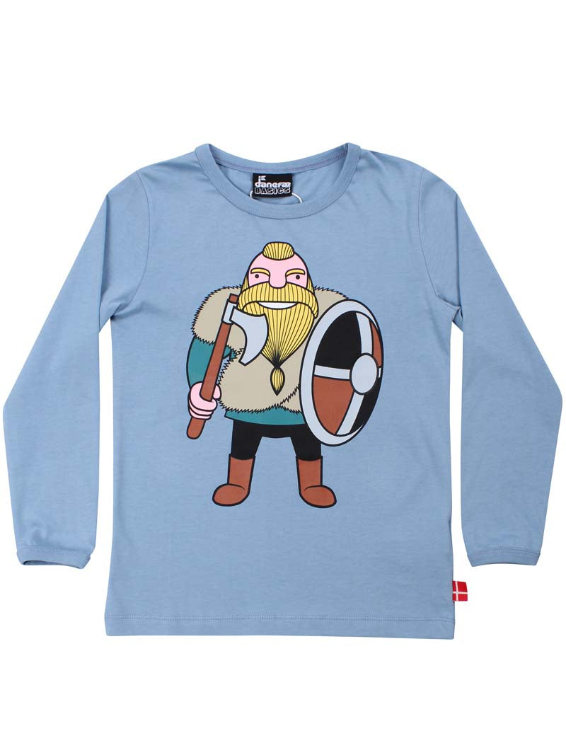 Fin langærmet bluse i støvet blå med print af vikingen Harald til børn