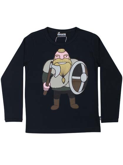 Navyblå langærmet bluse med print af vikingen Harald til børn