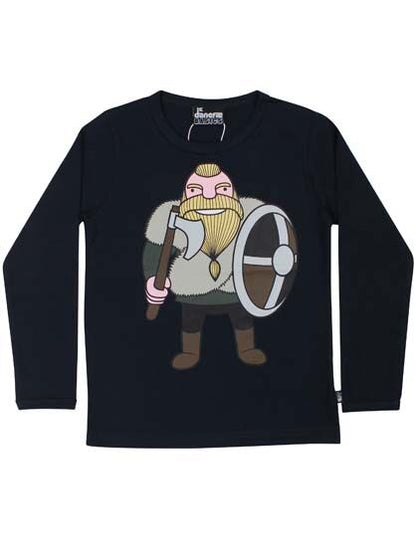 Navyblå langærmet bluse med print af vikingen Harald til børn
