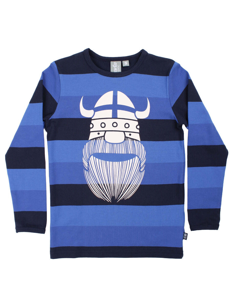 Sød langærmet bluse i bomuld med blå striber og print af vikingen Erik til børn