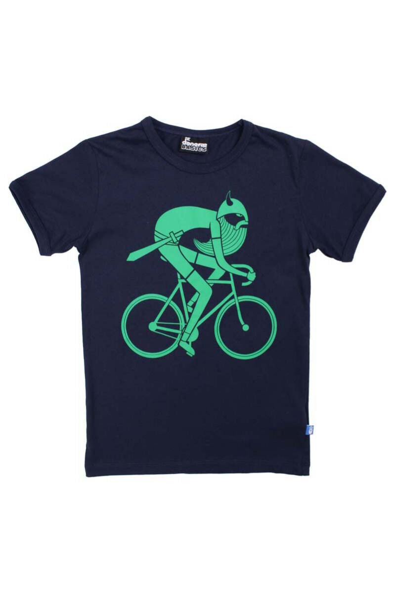 Sød navyblå t-shirt i bomuld til børn med print af viking på cykel
