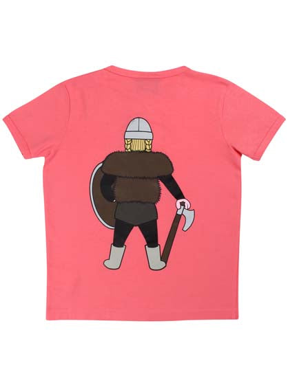 Sød koralfarvet t-shirt i bomuld til børn med print af vikingen Sif