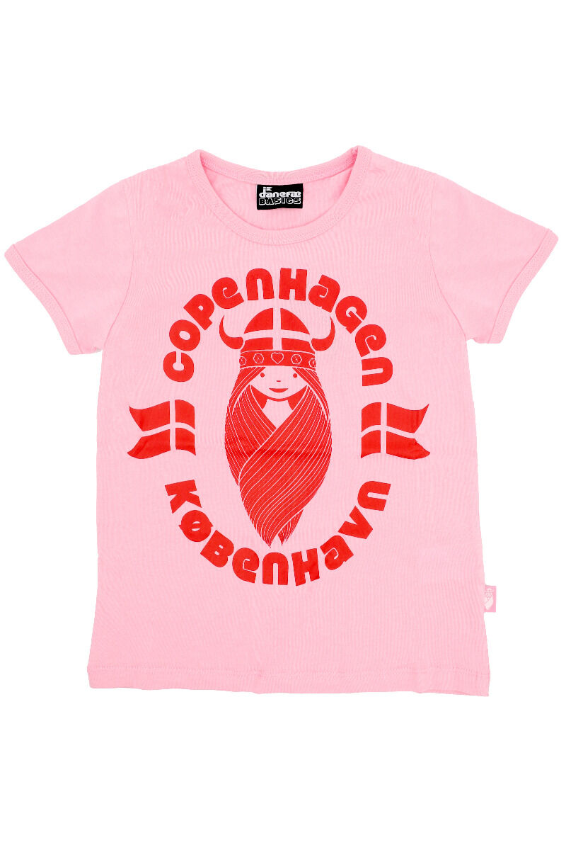 Sød lyserød t-shirt i bomuld til børn med print af vikingen Freja