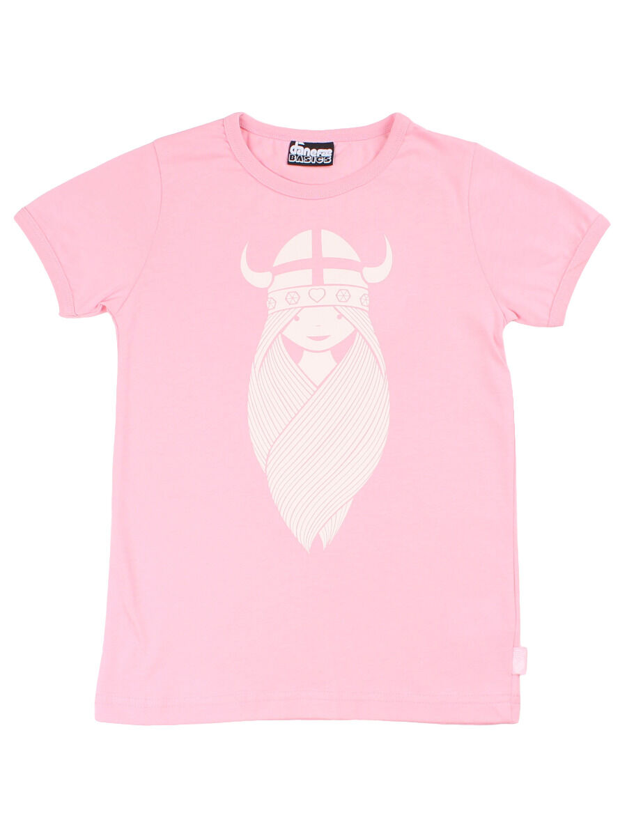 Sød lyserød t-shirt i bomuld til børn med print af vikingen Freja
