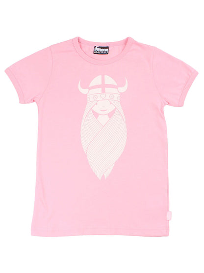 Sød lyserød t-shirt i bomuld til børn med print af vikingen Freja