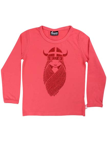 Sød koralfarvet bluse med print af vikingen Freja til børn