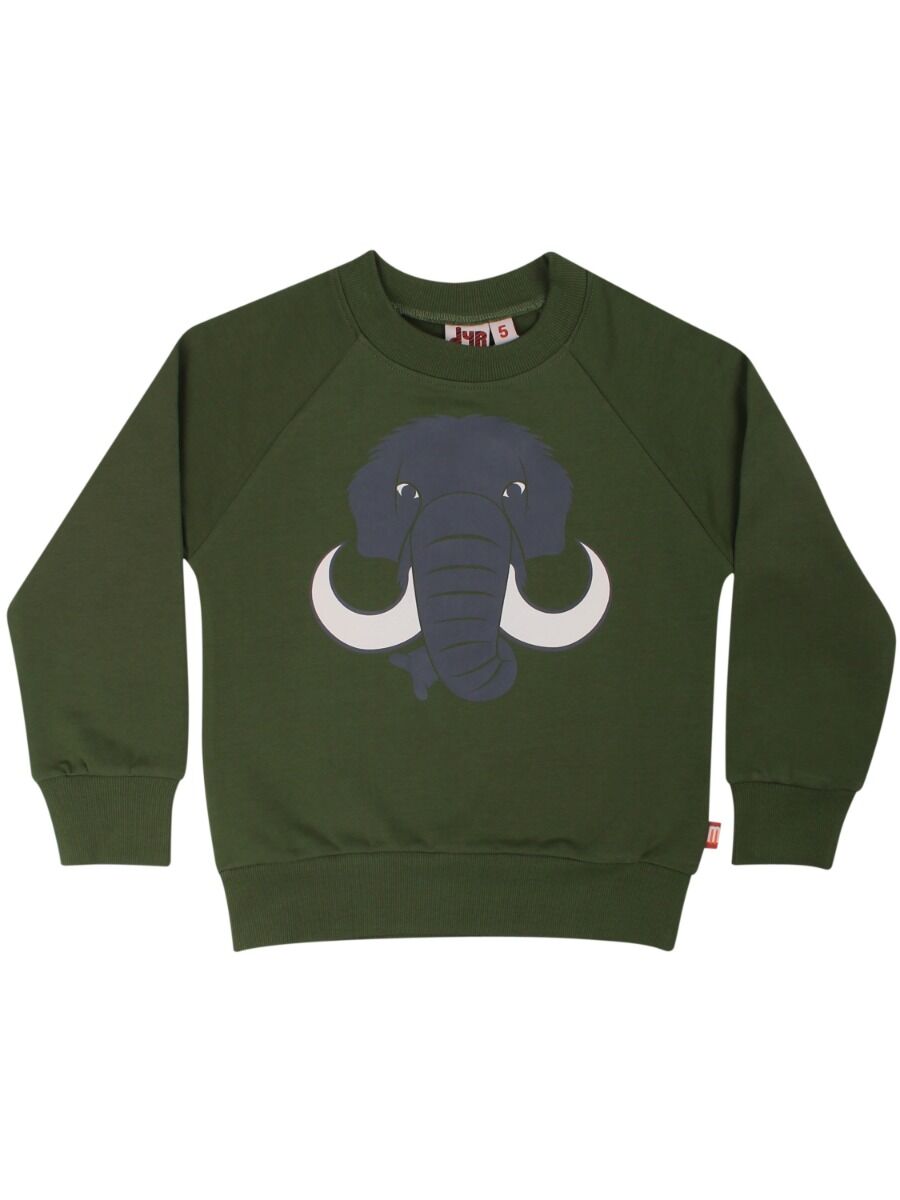 Sød grøn sweatshirt til børn med print af en mammut