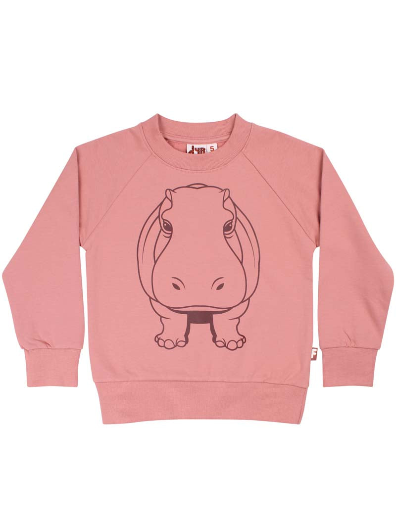 Skøn gammelrosa sweatshirt til børn med print af flodhest