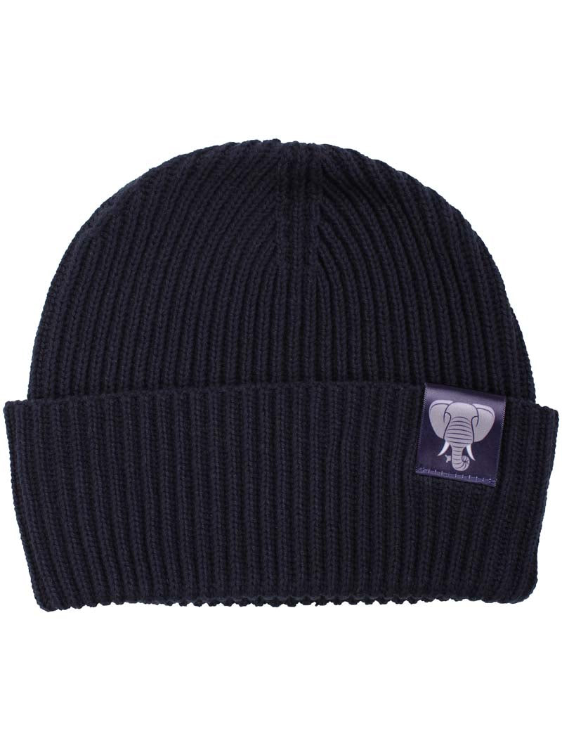 Sød og varm hue til børn i navyblå og med logo af elefant