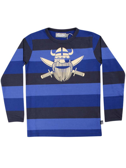 Sød langærmet bluse i bomuld med blå striber og print af piratviking til børn