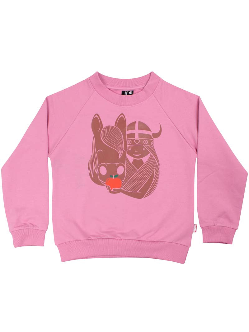Lyserød sweatshirt til børn med print af vikingen Freja og hest