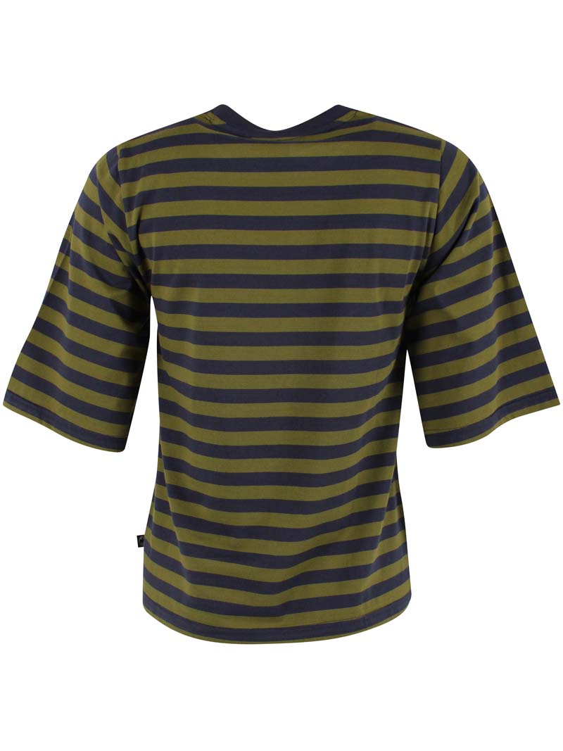 T-shirt i bomuld med navyblå og olivengrønne striber til kvinder