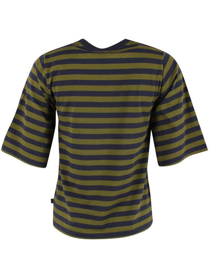 T-shirt i bomuld med navyblå og olivengrønne striber til kvinder