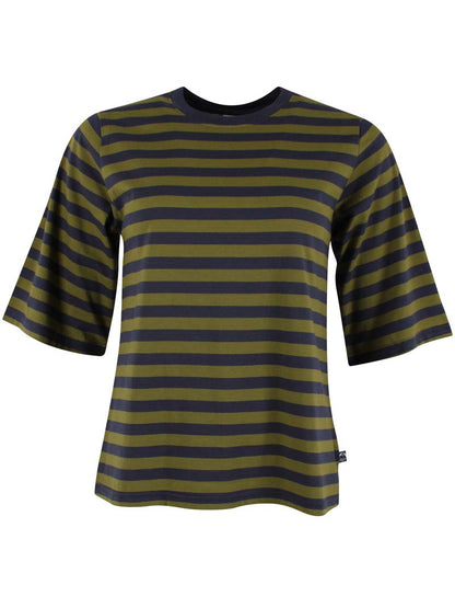 T-shirt i bomuld med navyblå og olivengrønne striber til kvinder