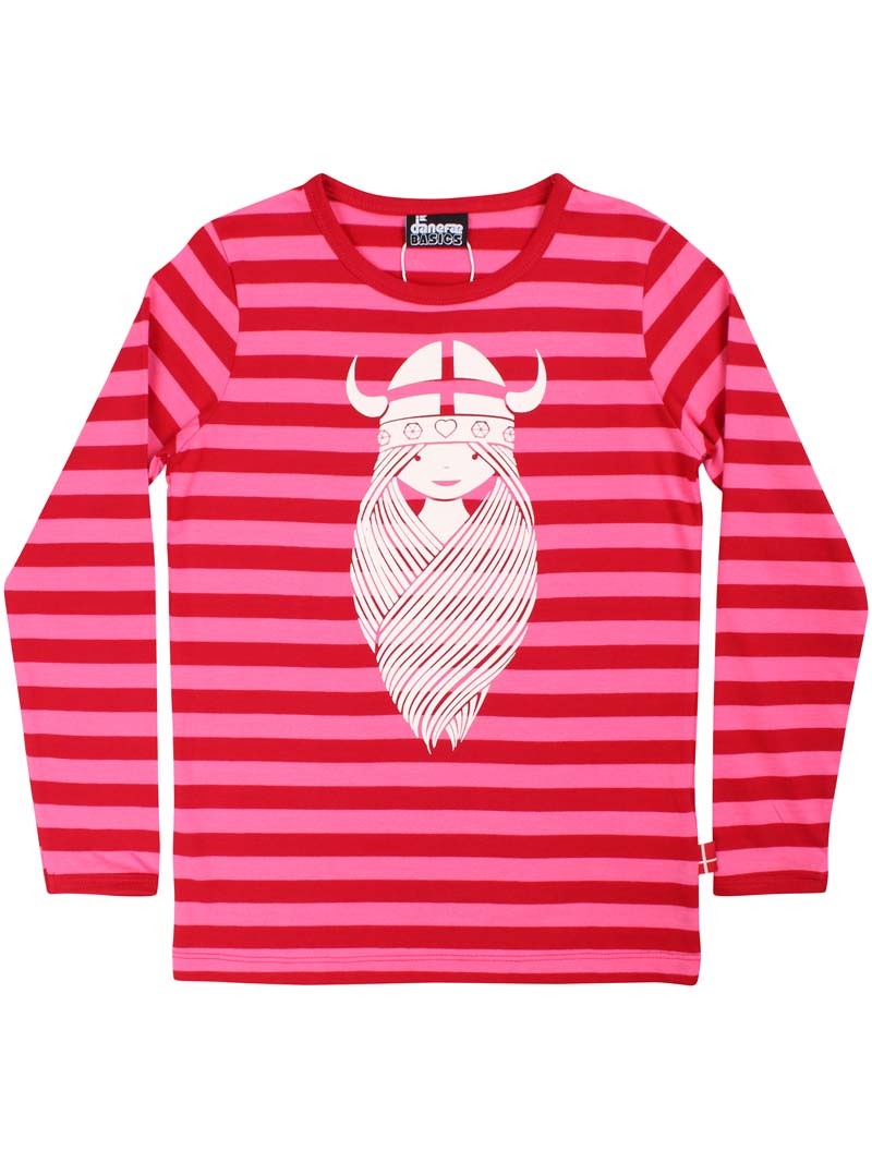 Langærmet bluse med røde og pink striber og print af vikingen Freja til børn