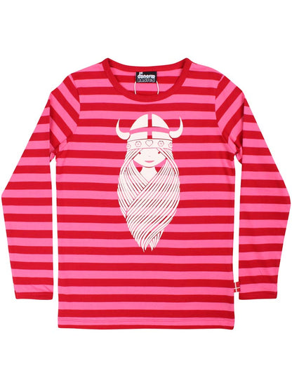 Langærmet bluse med røde og pink striber og print af vikingen Freja til børn