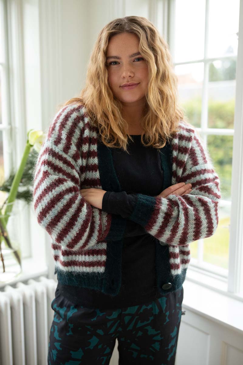 Danefamily Mohair Cardigan Dk Merlot/Lt Blue Grey 