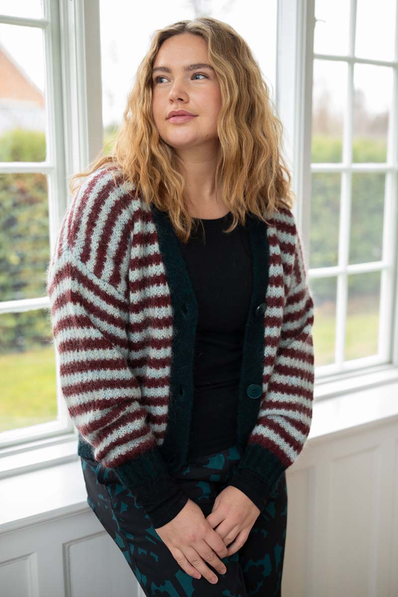Danefamily Mohair Cardigan Dk Merlot/Lt Blue Grey 