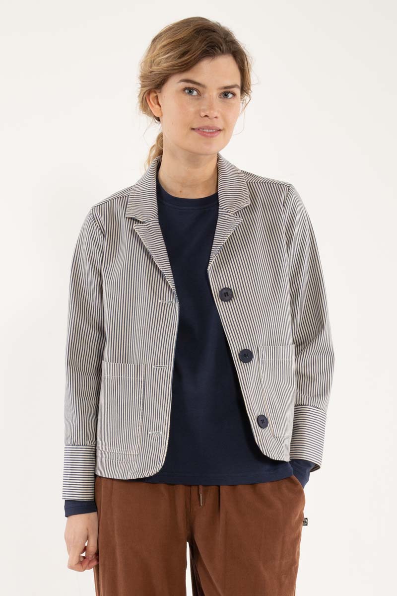 Fin canvasblazer med navyblå og hvide striber til kvinder