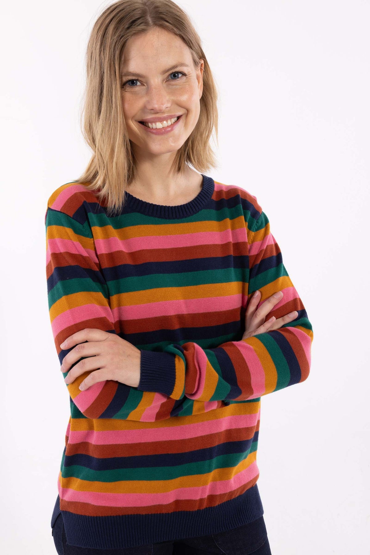 Fin farverig sweater i bomuld med striber til kvinder