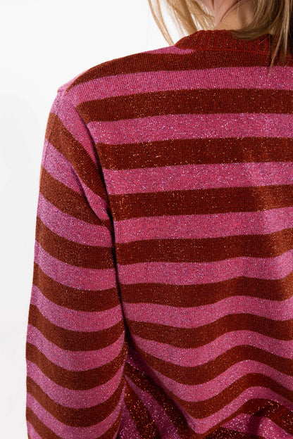 Sød cardigan med glitter og røde og lyserøde striber til kvinder