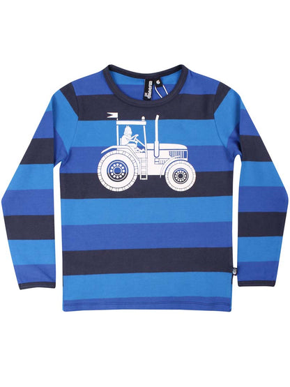 Stribet blå bluse til børn med traktor