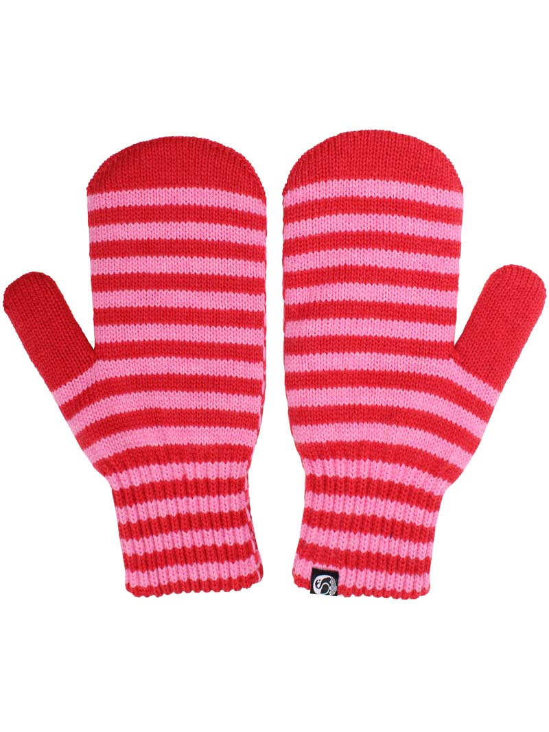 Varme luffer i uldblanding med røde og pink striber