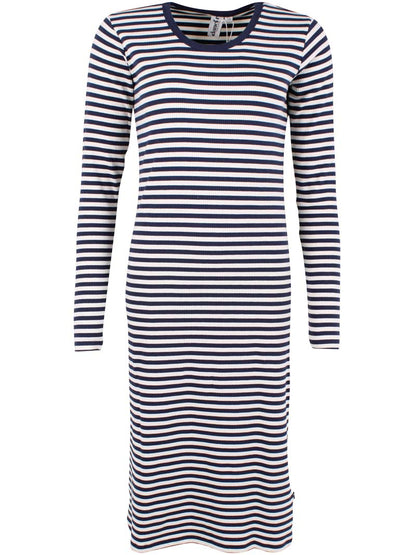 Elegant ribstrikket kjole med navyblå og hvide striber til kvinder