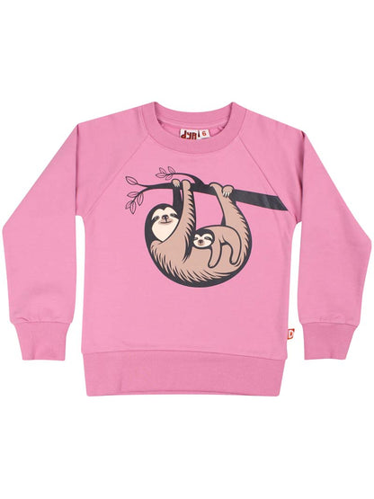 Skøn lyserød sweatshirt til børn med print af dovendyrmor og unge