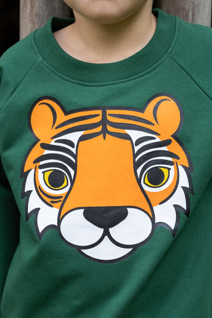 Skøn grøn sweatshirt til børn med print af tiger