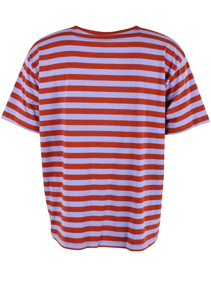 Fin boxy t-shirt med rund hals og striber i lyslilla og brændt rød til kvinder