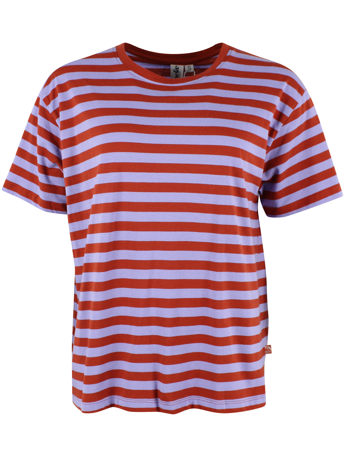 Fin boxy t-shirt med rund hals og striber i lyslilla og brændt rød til kvinder