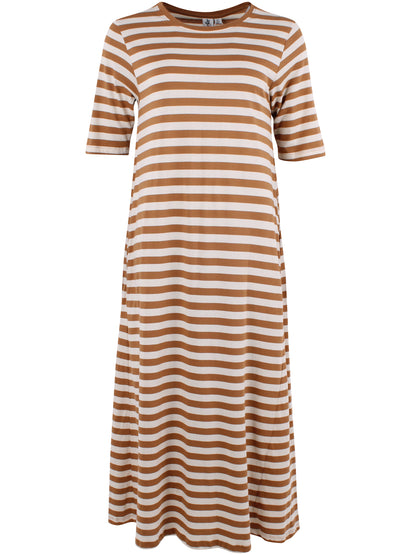 Klassisk kjole med t-shirt ærmer og striber i beige og mokka til kvinder