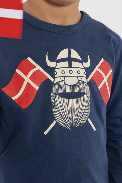 Langærmet bluse i bomuld til børn med print af viking og flag