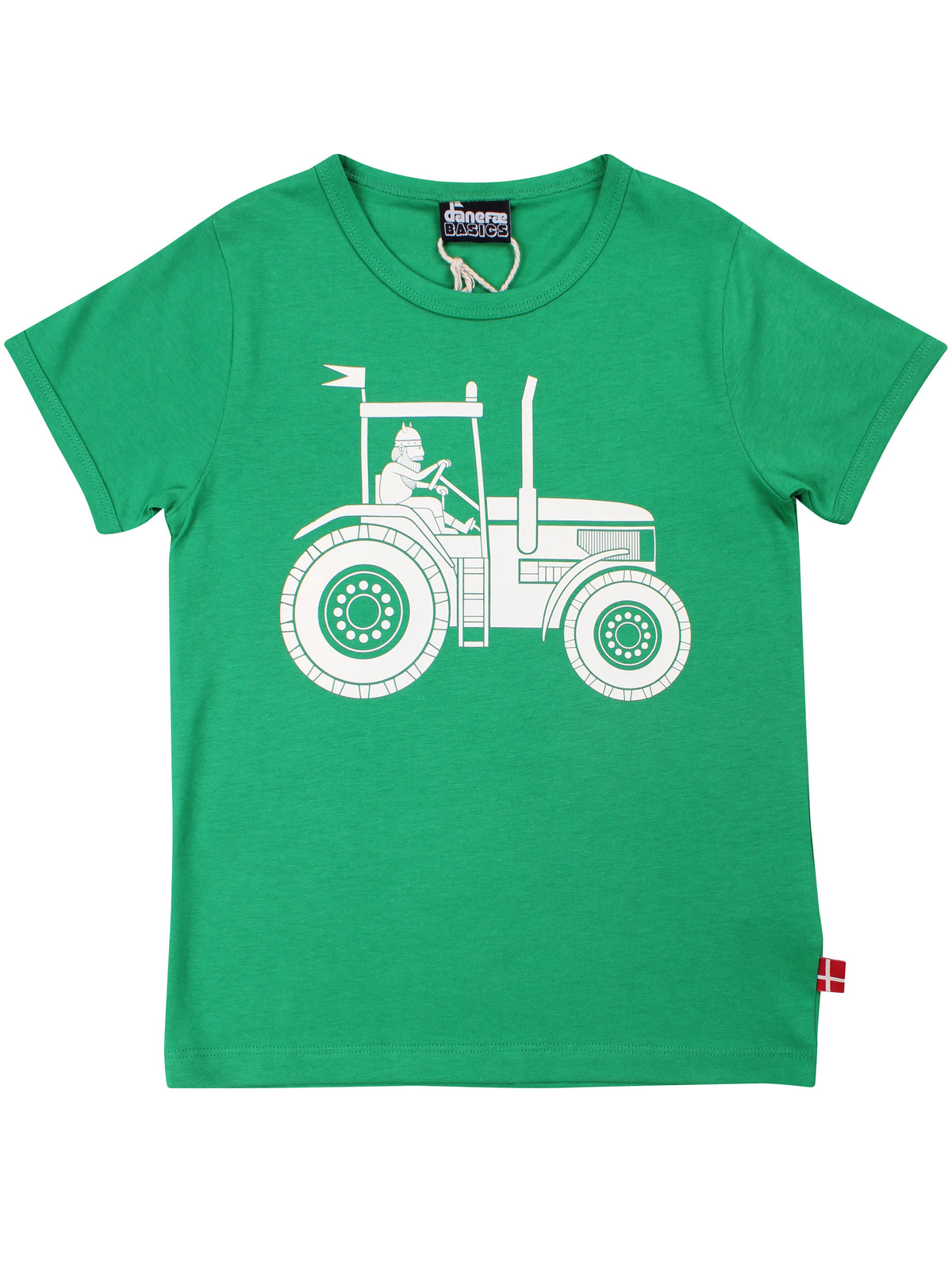 Sød græsgrøn t-shirt i bomuld til børn med print af viking på traktor