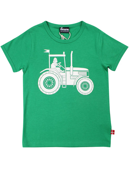 Sød græsgrøn t-shirt i bomuld til børn med print af viking på traktor
