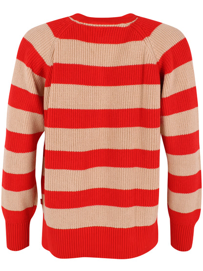 Flot sweater med striber i rød og varm sandfarve og v-hals til kvinder 