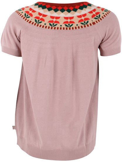 Sød sweater i støvet rosa med blomstermønster og korte ærmer til kvinder