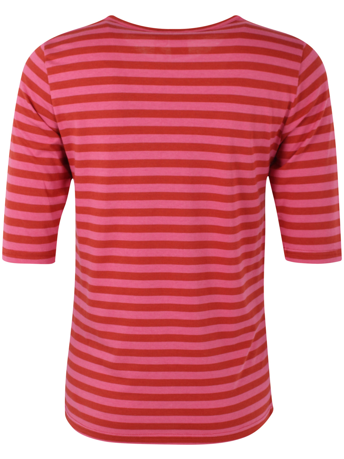 Lækker t-shirt med striber i brændt rød og pink til kvinder