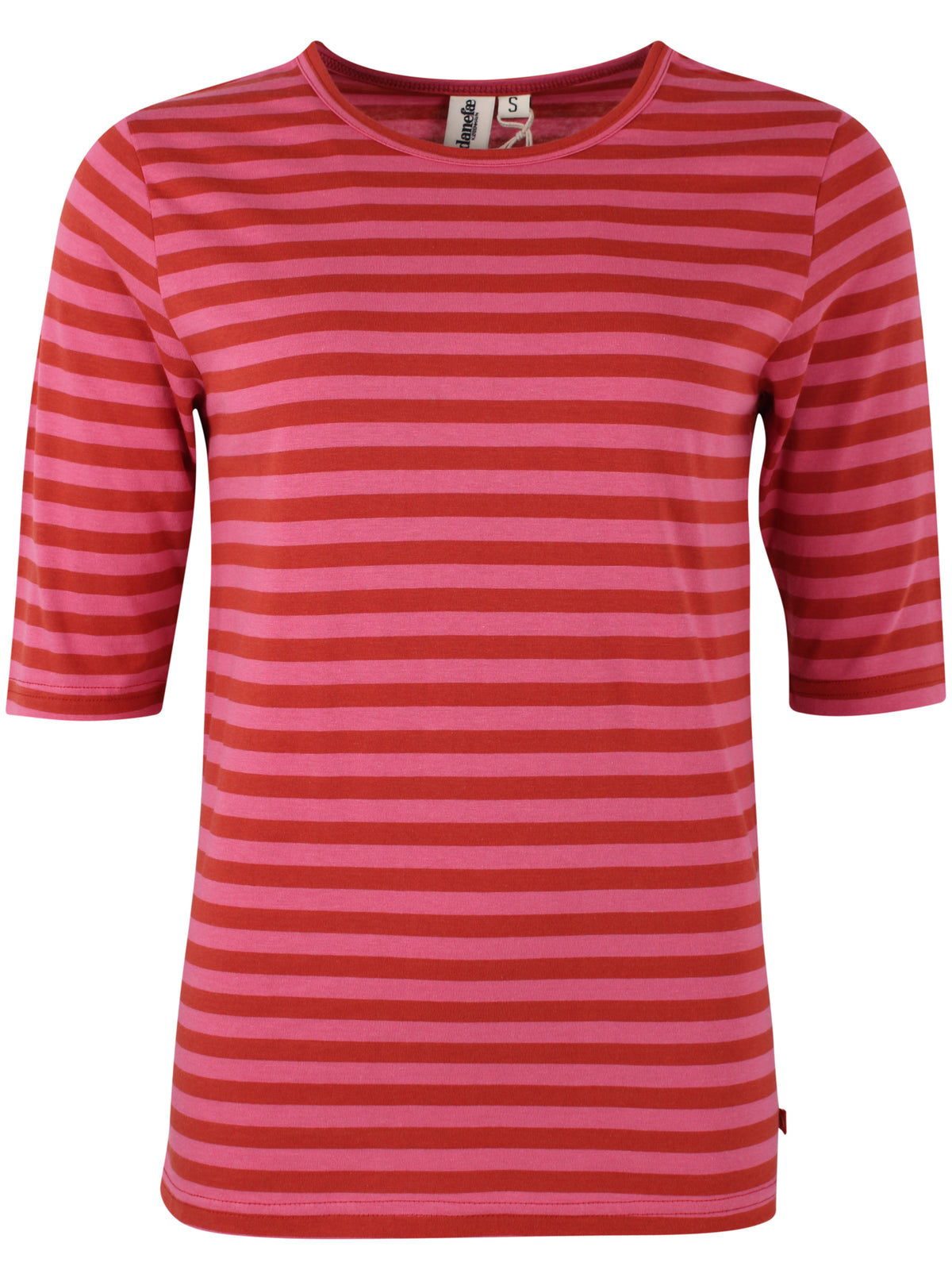 Lækker t-shirt med striber i brændt rød og pink til kvinder