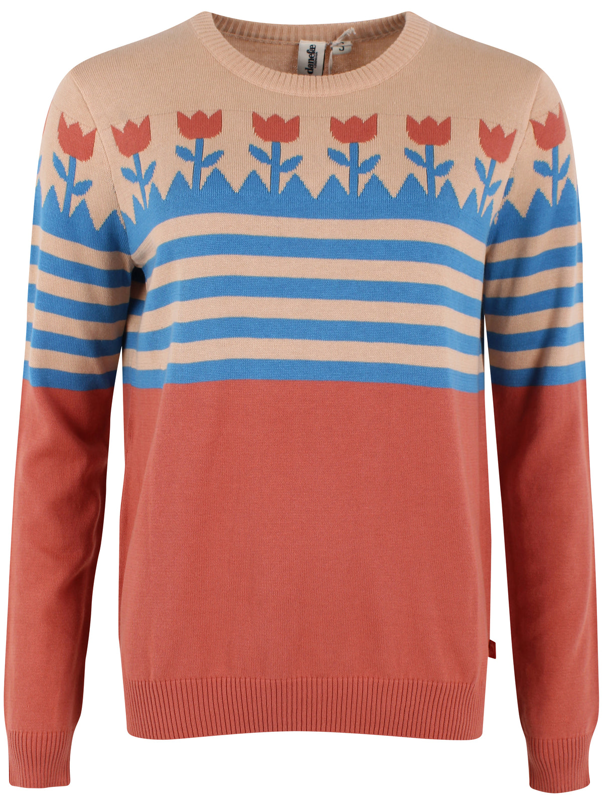 Fin sweater i orangebrun nuance med striber og flot mønster med tulipaner 