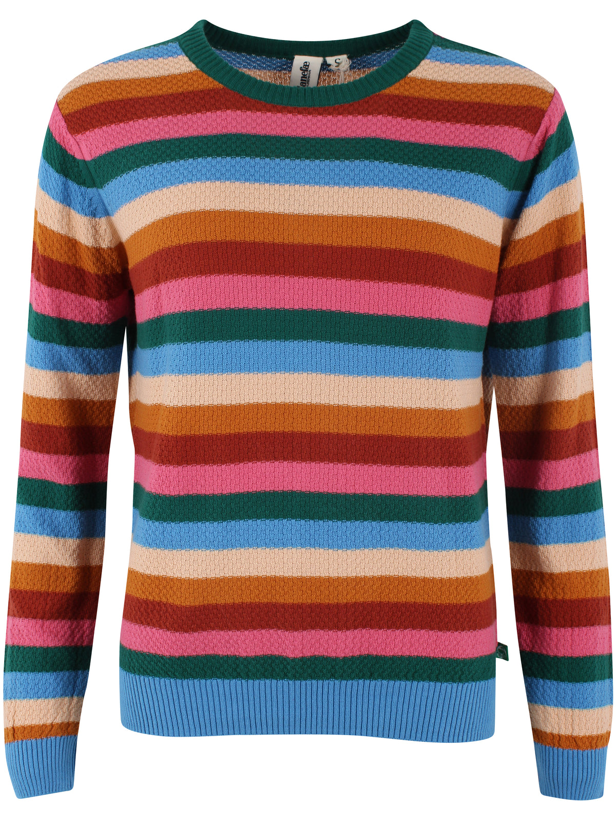 Sød perlestrikket sweater med farverige striber til kvinder