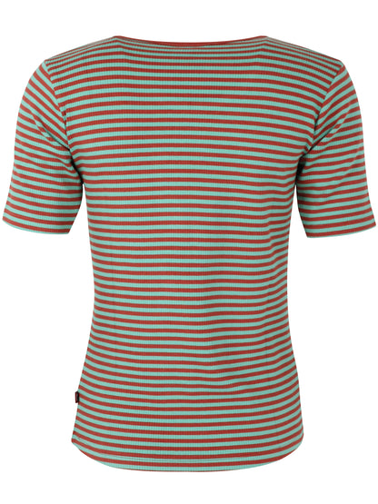 Stribet t-shirt i brændt rød og mintgrøn til kvinder