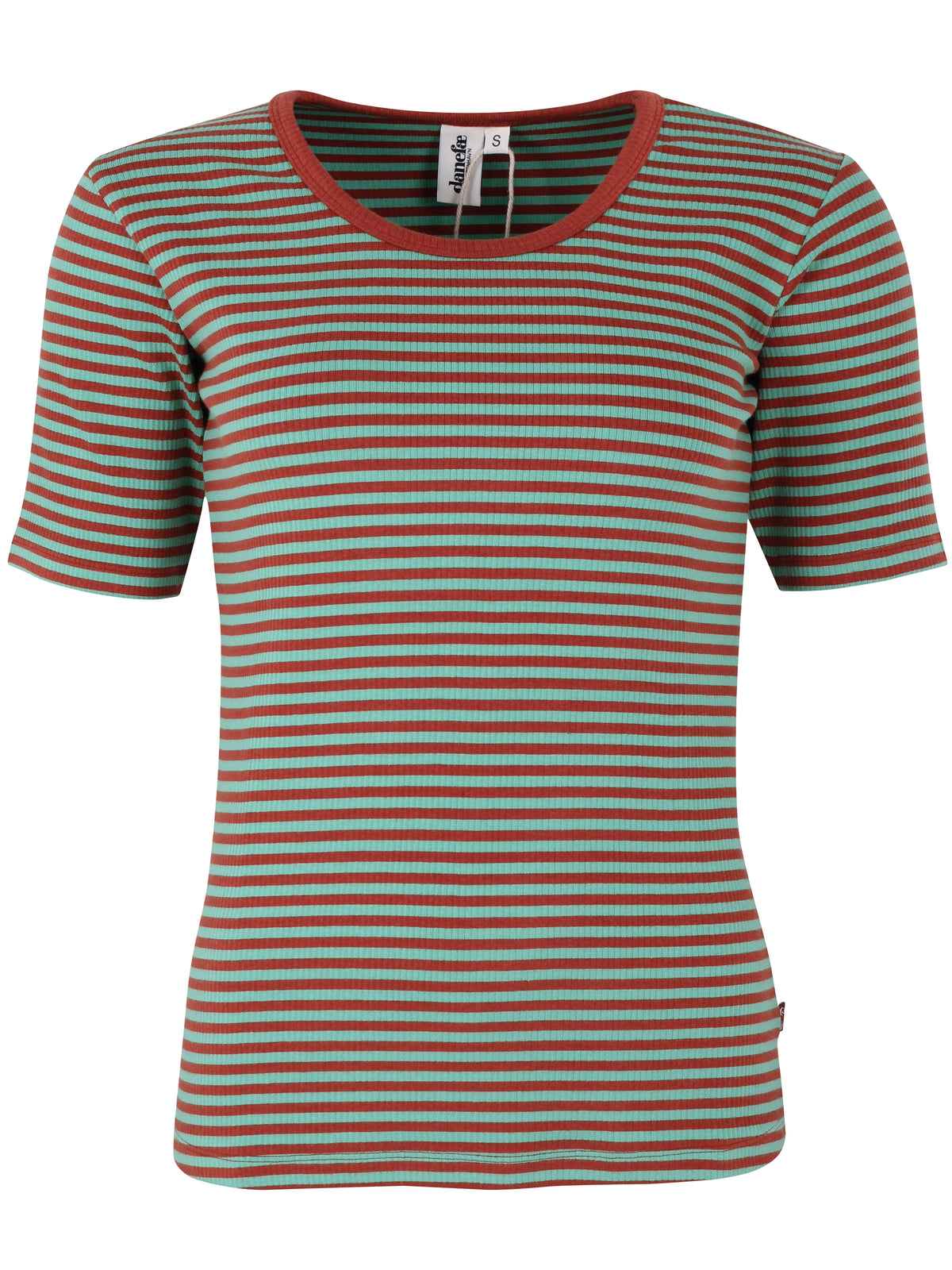 Stribet t-shirt i brændt rød og mintgrøn til kvinder